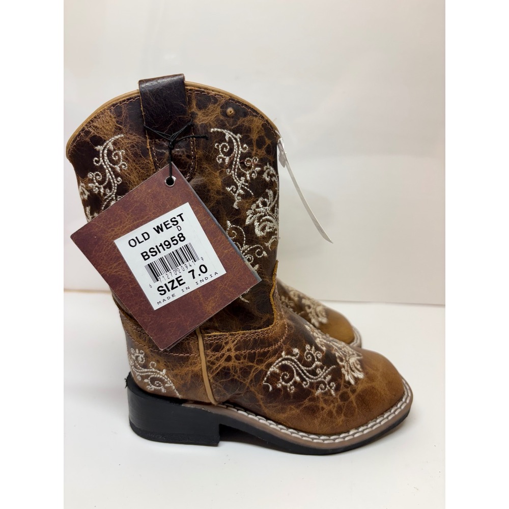 Old West Toddler Burnt Tan Leather Square Toe Side Zip Cowboy Boots BSI1958 7D